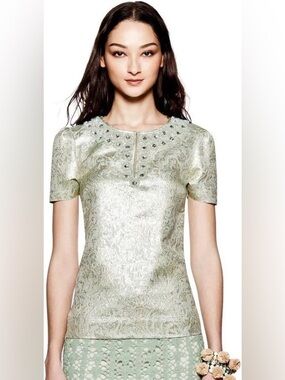 Vintage Tory Burch Lola Seafoam Green Metallic Jacquard Embellished Silk Top 6